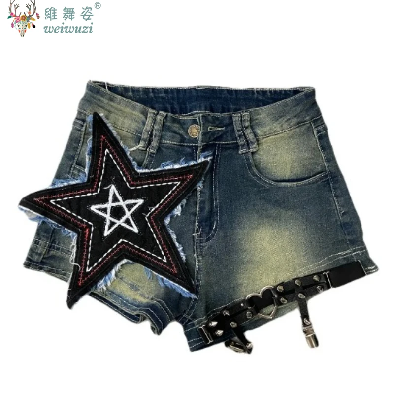 

Женские джинсовые шорты в стиле Y2K с готическим узором звезд, в стиле Spice Girls, панк, уличная одежда, повседневные, с высокой талией, облегающие, модные