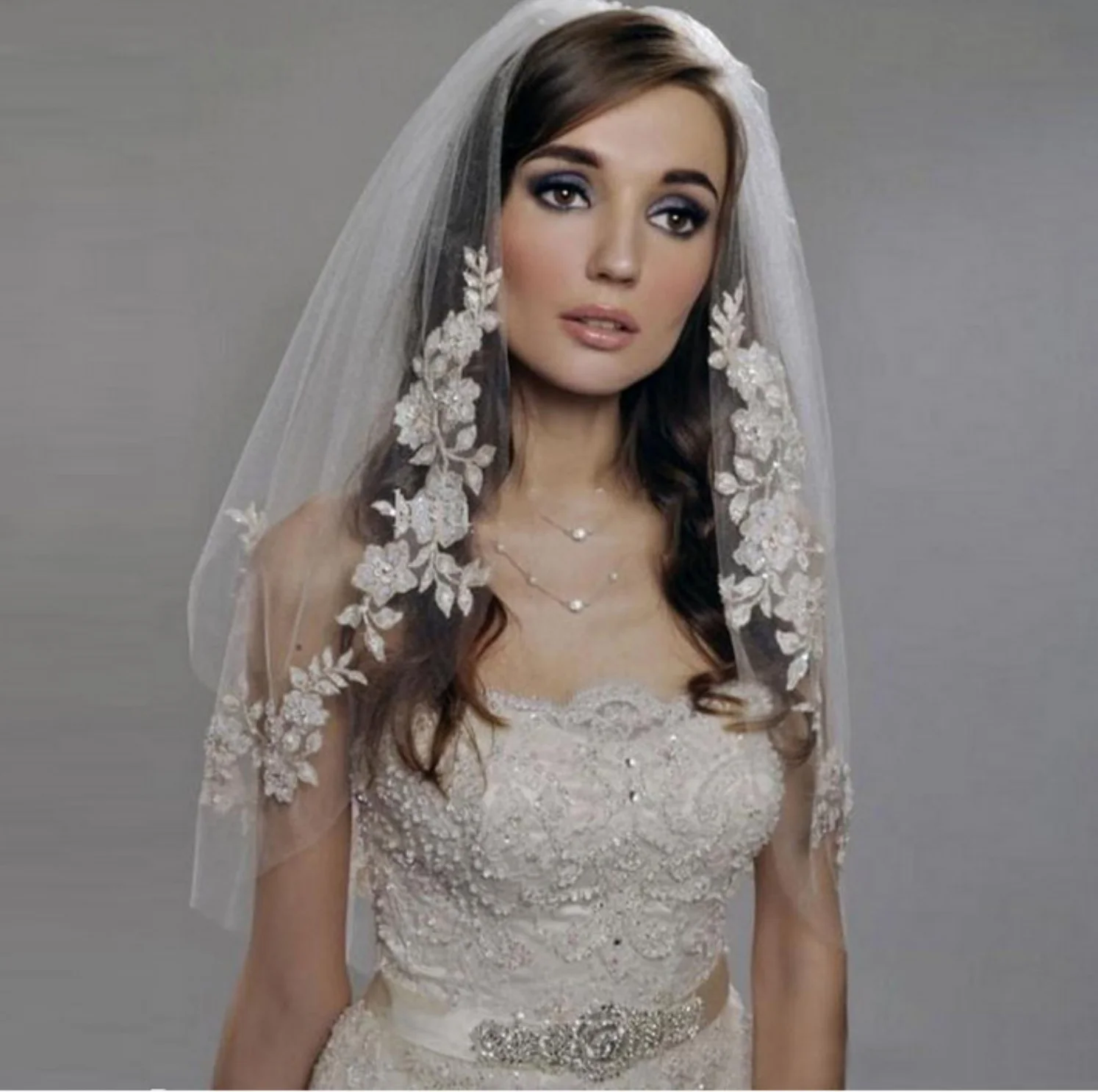 

2 Tier Fingertip Length Wedding Veil for Brides, Lace Flower Applique Beaded Tulle Bridal Veil with Comb, White/Ivory