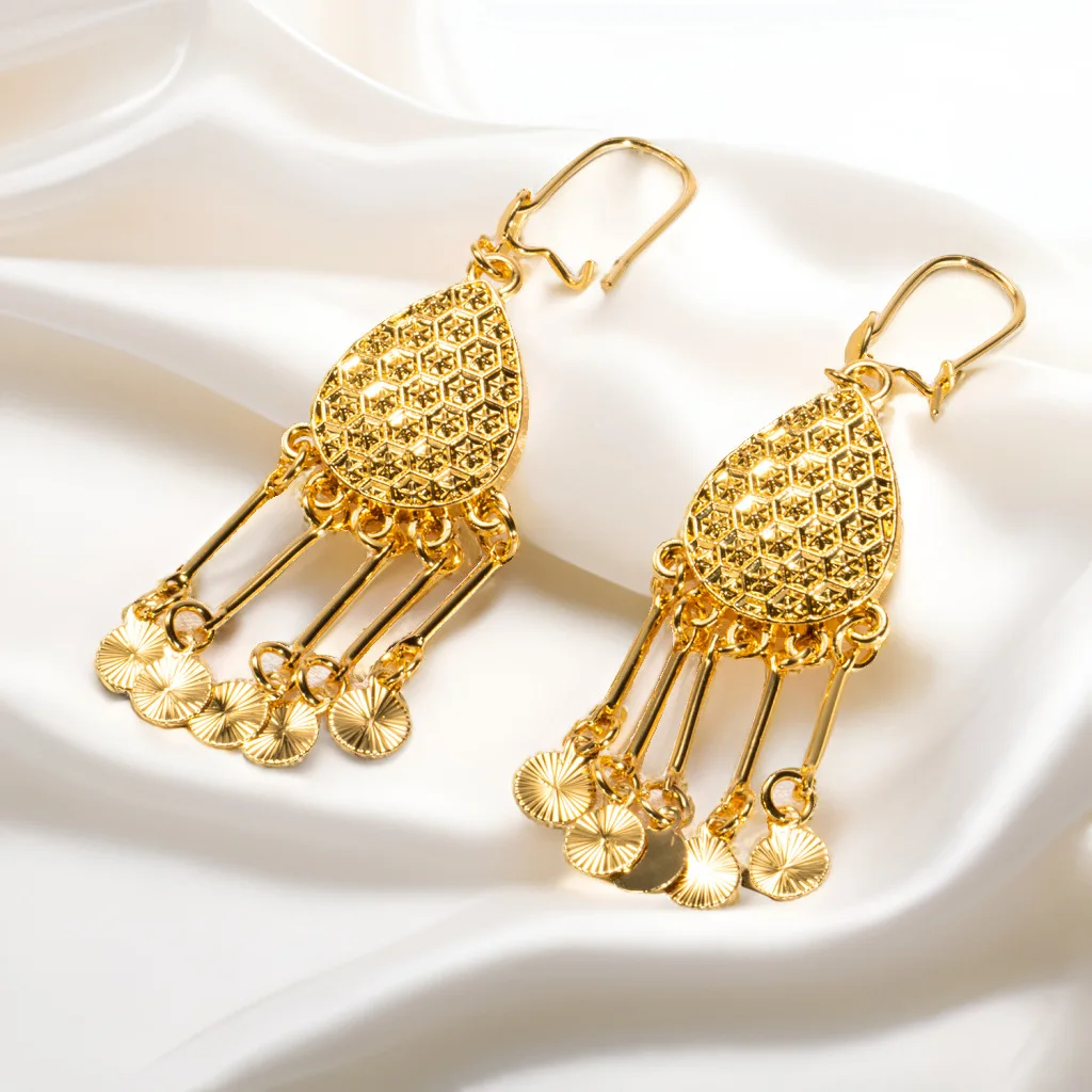 Ethnic Style 24k gold long tassel earrings Peacock bells earrings Middle East Dubai Bohemian gold plated earrings 9999gold