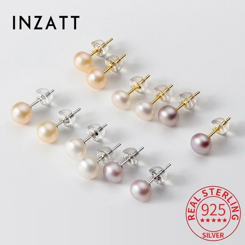 

INZATT Real 925 Sterling Silver Mini Round Pearl Stud Earring for Women Classic Fine Jewelry Ear Hole Care Accessories Gift