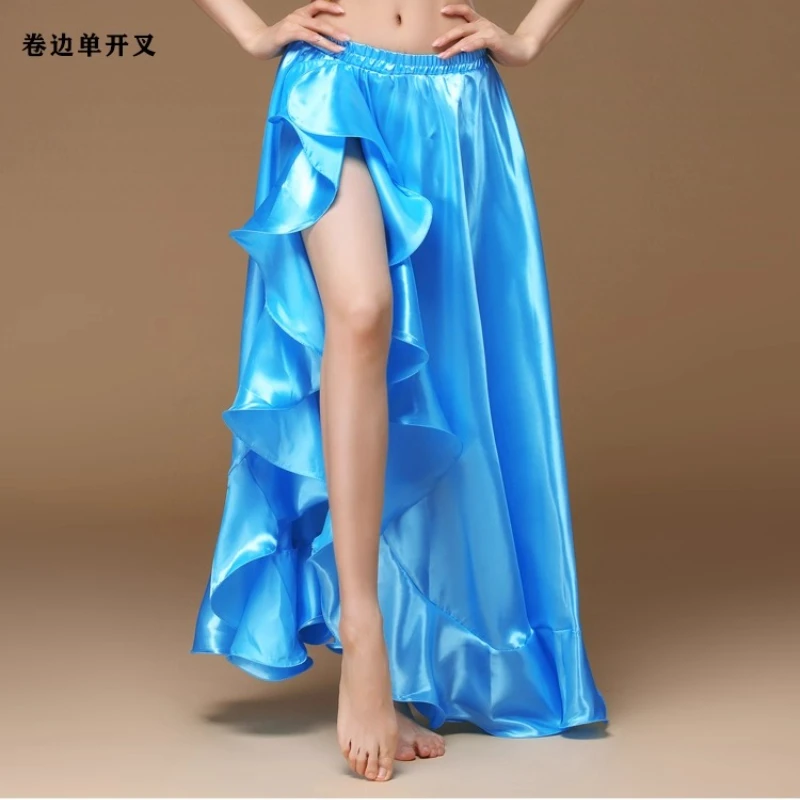 Spódnica do tańca brzucha z satyny, długa, z bocznym wycięciem, model 2025, damska, seksowna, orientalna, profesjonalna.