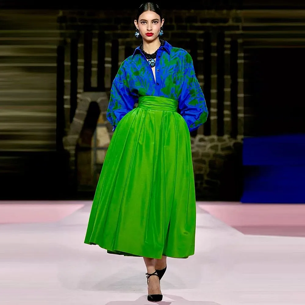 

Green Satin Maxi Skirts Without Top Draped Office Lady Skirt Formal Wear