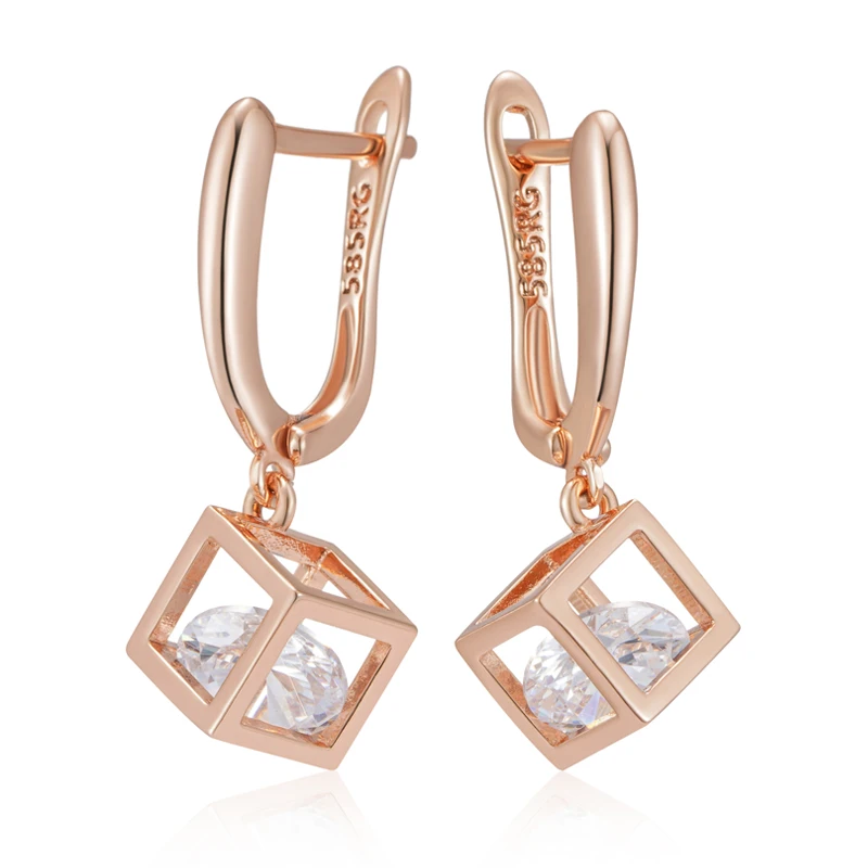 Kinel Hot Simple Hollow Square Dangle Earrings For Women 585 Rose Gold Color Natural Zircon Accessories Daily Fine Jewelry