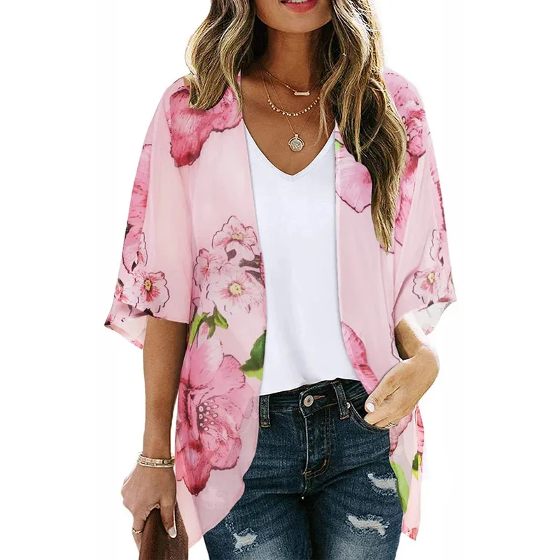 2023 Women Summer Bohemian Casual Cloak Cardigan for Swimsuit woman Beach Swimwear Tops Short Sleeved Shawl Chiffon Shirt