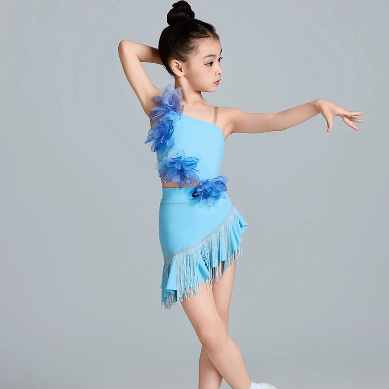 New Blue Latin Dance Dress Girls Cha Cha Rumba Samba Dance Costume Summer Kids Latin Fringe Dress Performance Clothing DNV23551