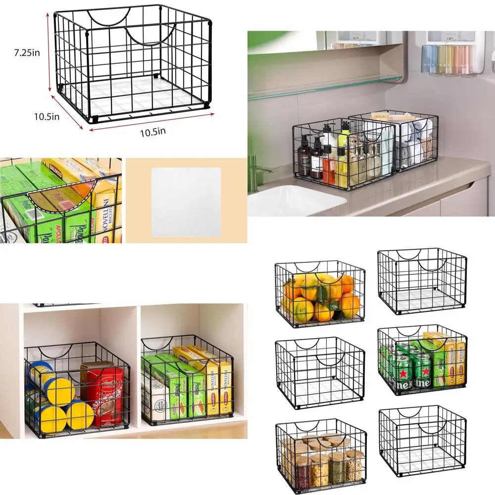 

6-Piece Foldable Metal Wire Basket Set with PVC Liners, Organizer for Food Storage, Suitable for Pantry, Closet, and Bathroom -