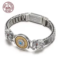 100% Real Solid S925 Silver Punk Retro Men's Lucky Bracelet Six Word Rotating Warp Tube Men's Silver Bracelet
