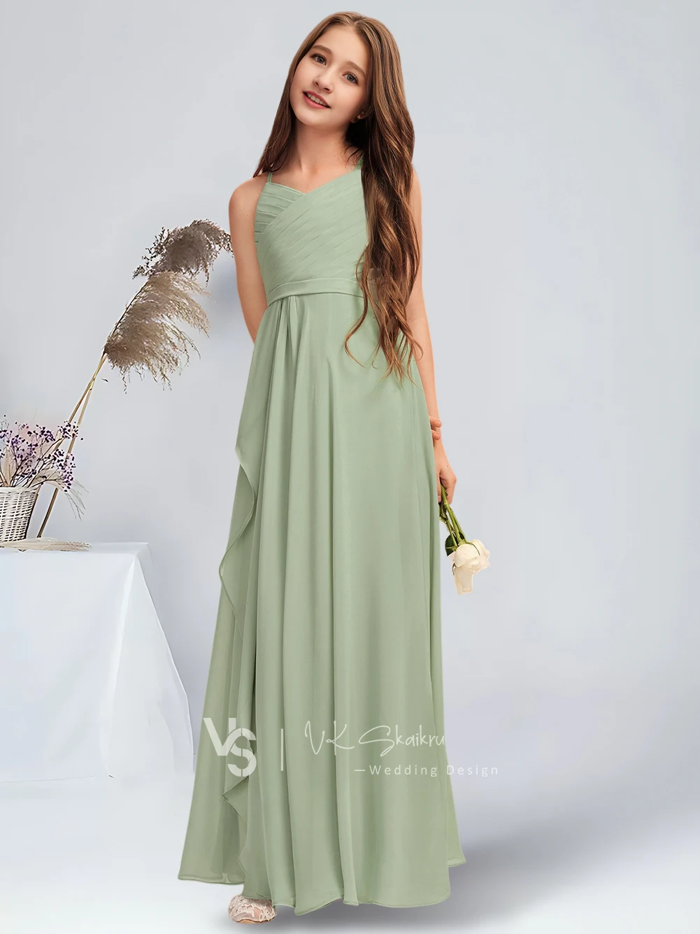 Vestido linha a com decote em v até o chão, chiffon, vestido de dama de honra júnior com babados em cascata, vestido de flor celadon para adolescentes de casamento