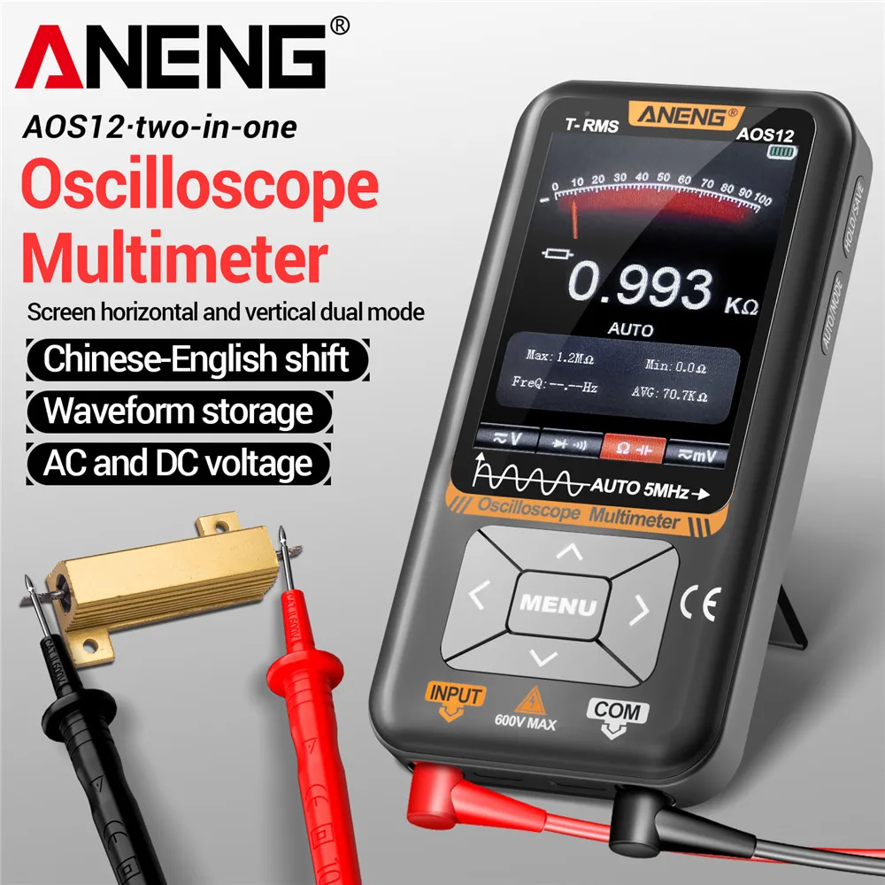 ANENG AOS12 มัลติมิเตอร์ 2-in-1 Oscilloscope 5MHZ 48MSa/s Sampling แบบพกพา Oscilloscope มัลติฟังก์ชั่นเครื่องทดสอบไฟฟ้าเครื่องมือ