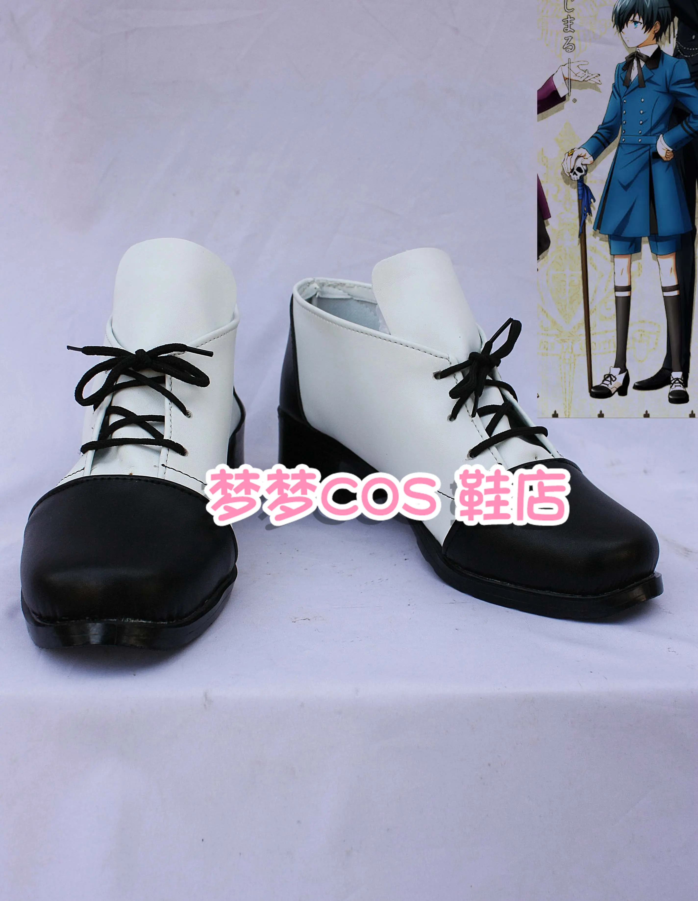 Anime Black Butler Ciel Phantomhive Cosplay Shoes Black And White Short PU Leather Flat Sole Boots For Halloween Carnival