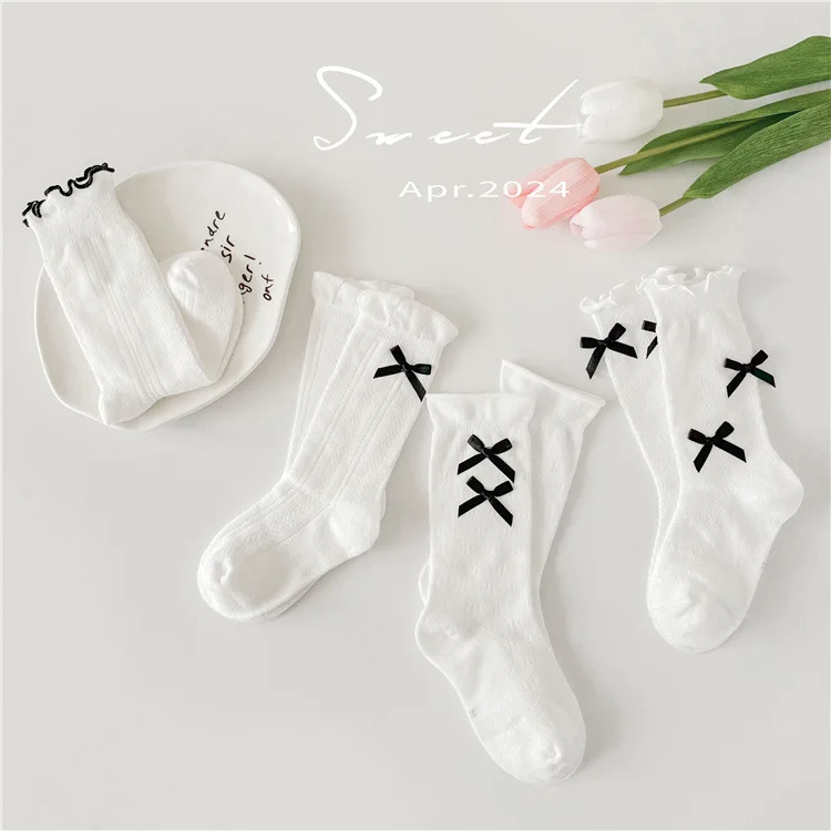 

White Fuffle Socks Girls Princess Medium Socks Baby Black Bowknots Decor Solid Socks 4 Pairs