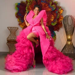 Stunning Fuchsia Ruffles Tiered Asymmetrical Tulle Maxi Gowns To Party Deep V-neck Sleeveless Long Formal Party Dresses