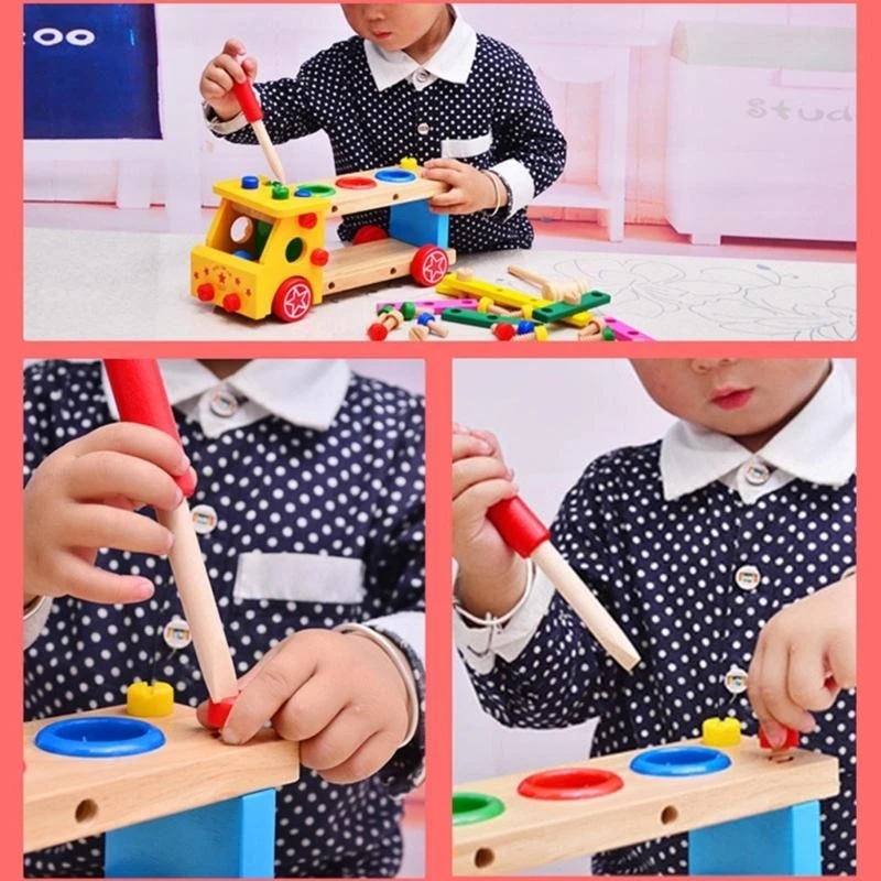 لعبة تجميع المسمار للأطفال صندوق أدوات خشبي لعبة النجار لعبة سيارة الهدم لعبة التعليم المبكر لعبة الإمساك 15UB