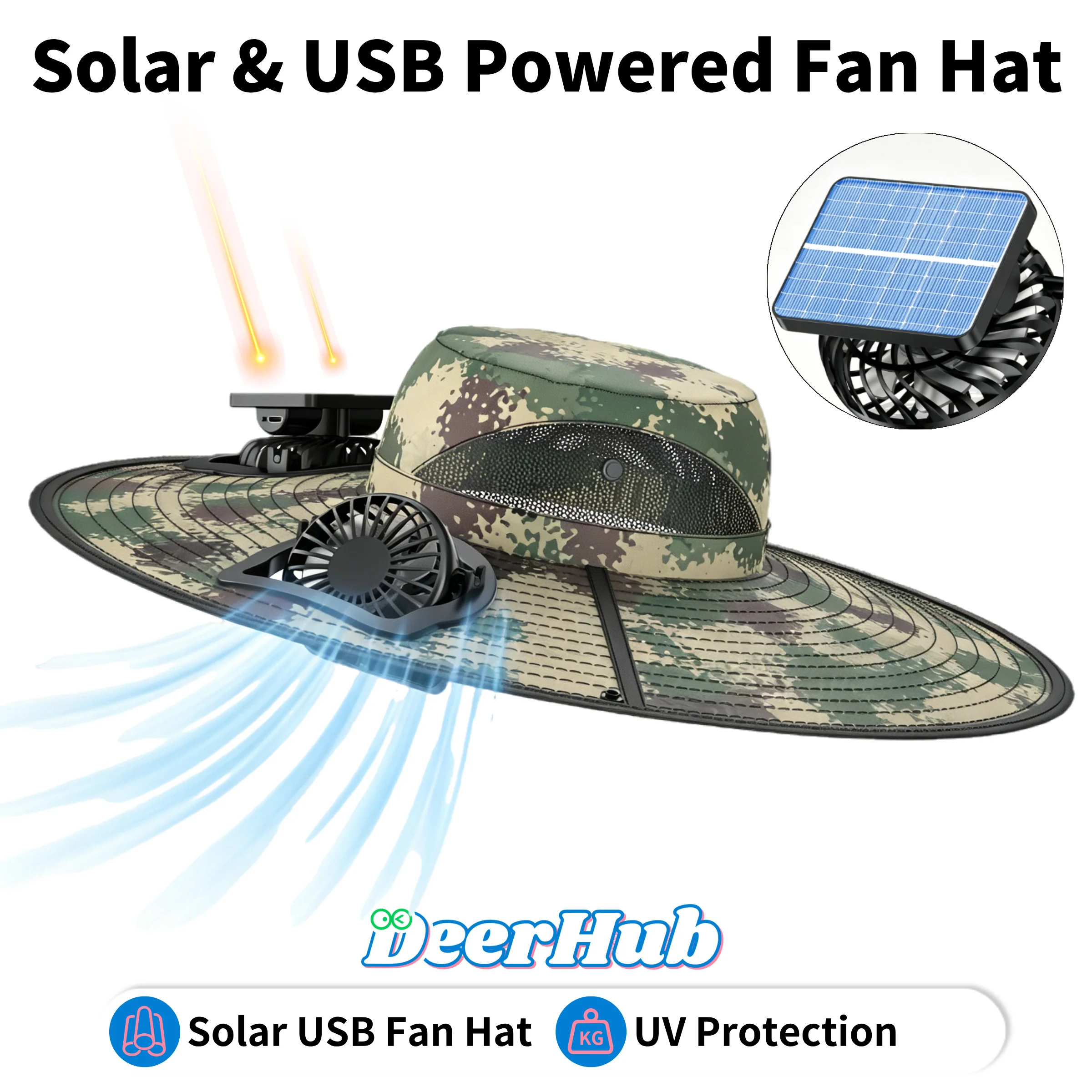 

Solar USB Fan Hat Wide Brim UV Protection Rechargeable Cooling for Outdoor Hiking Camping Fishing Camouflage by DeerHub
