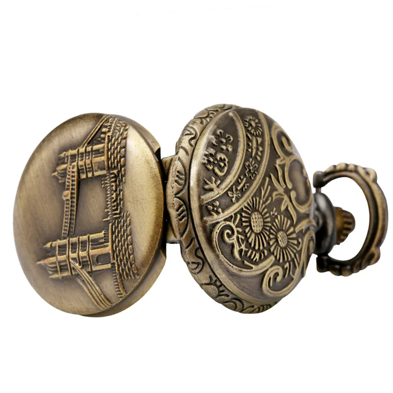 Classic London Tower Bridge Embossed Pocket Watch Mini Size Clock Quartz Movement with Necklace Chain Travel Landscape Present