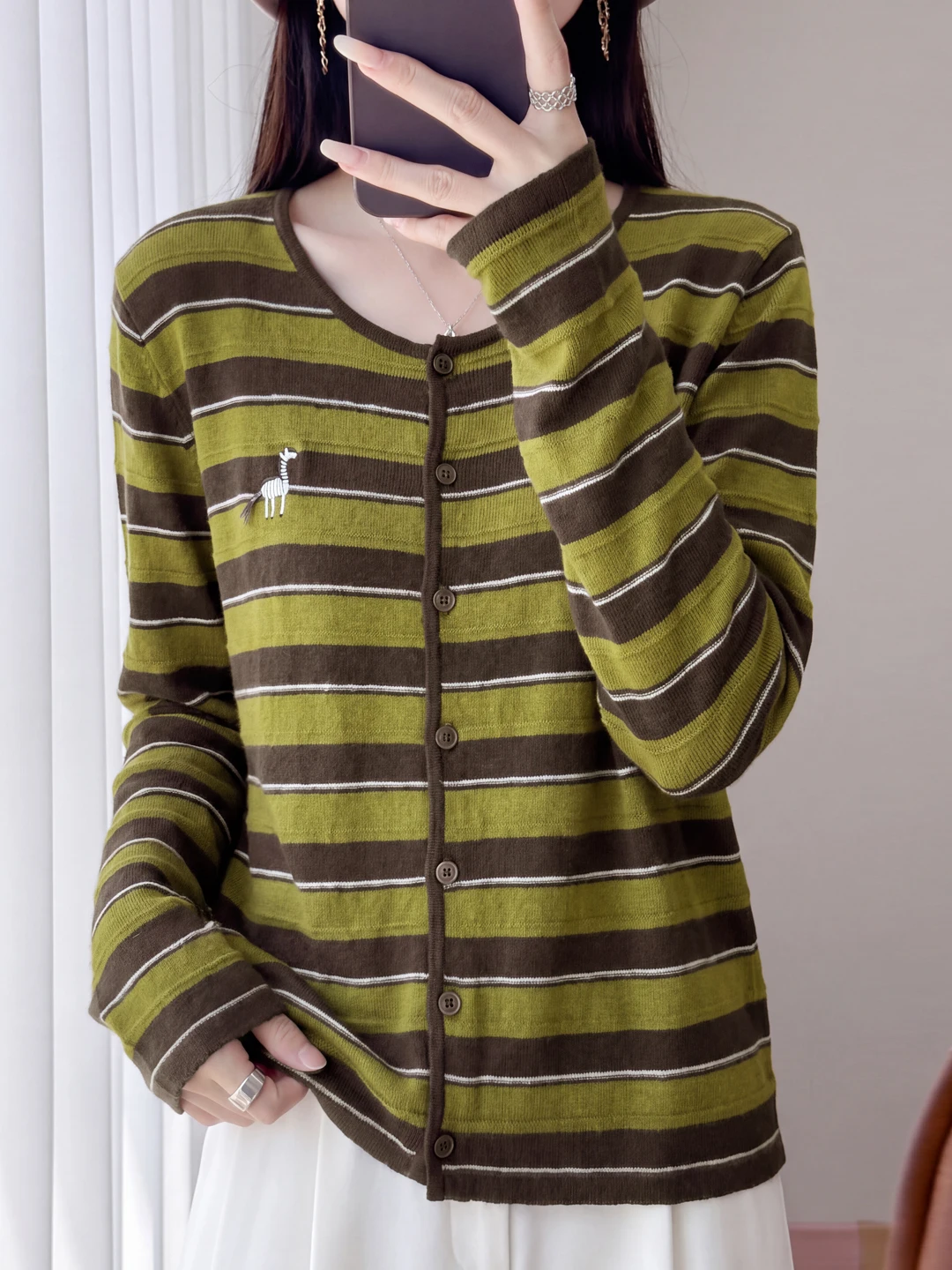 round Neck Single Button Embroidered Striped Color Block Long Sleeve Open Cardigan Women's Thin Outerwear Layering Top