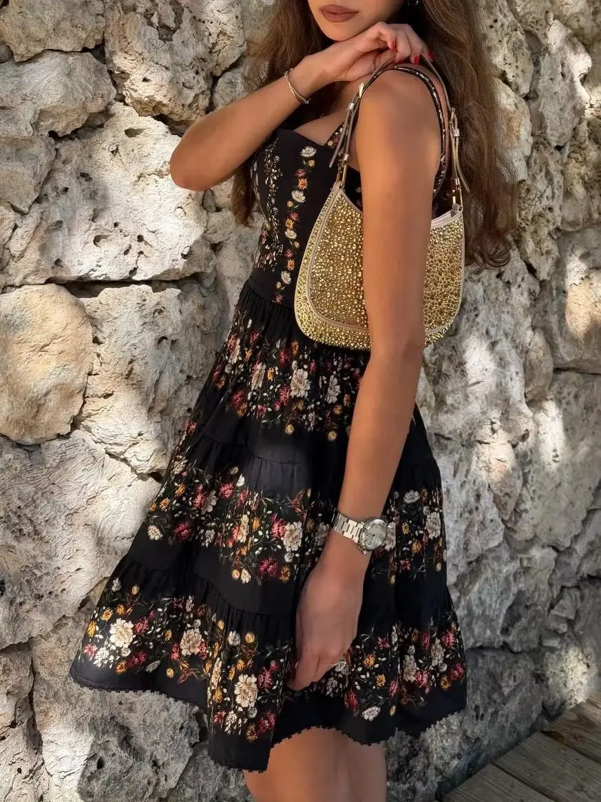 Flower Positioning Print Women Black Dress 2026 Embroidery Shoulder Strap Sleeveless High Waist Square Collar Holiday Mini Robe