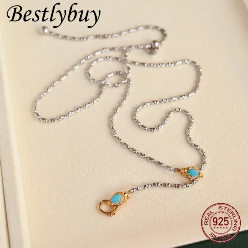 

Ожерелье из натуральной бирюзы, стерлинговое серебро 925 пробы, позолоченное, легкая, роскошная, многофункциональная, в форме змеи, женская цепочка на ключицу