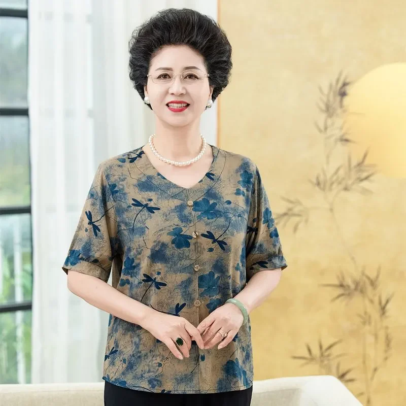 Elderly Women Cotton Silk Floral V Neck Half Sleeve Loose Button Casual Blouse Tops