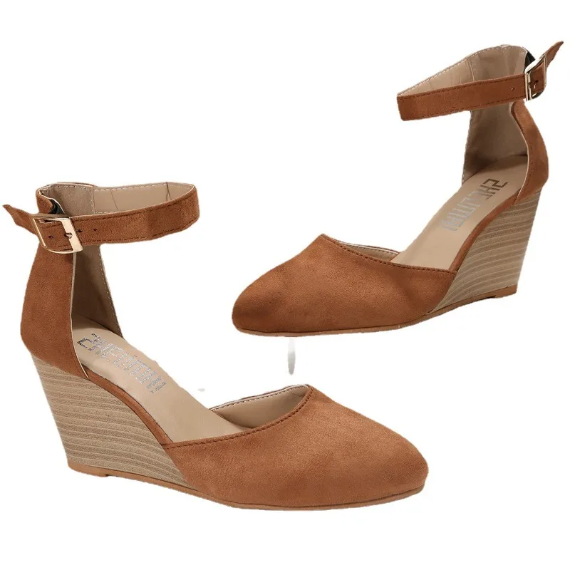

Fashion Women High Heel Sandals Closed Toe Solid Suede Pointed Wedge Heel Shoes Thick Bottom Buckle Sandals Female Footwear