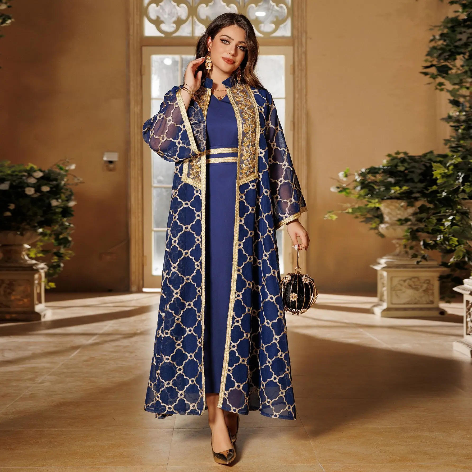 Robe Women's Dubai Muslim Embroidered Cardigan Vest Set Skirt dress