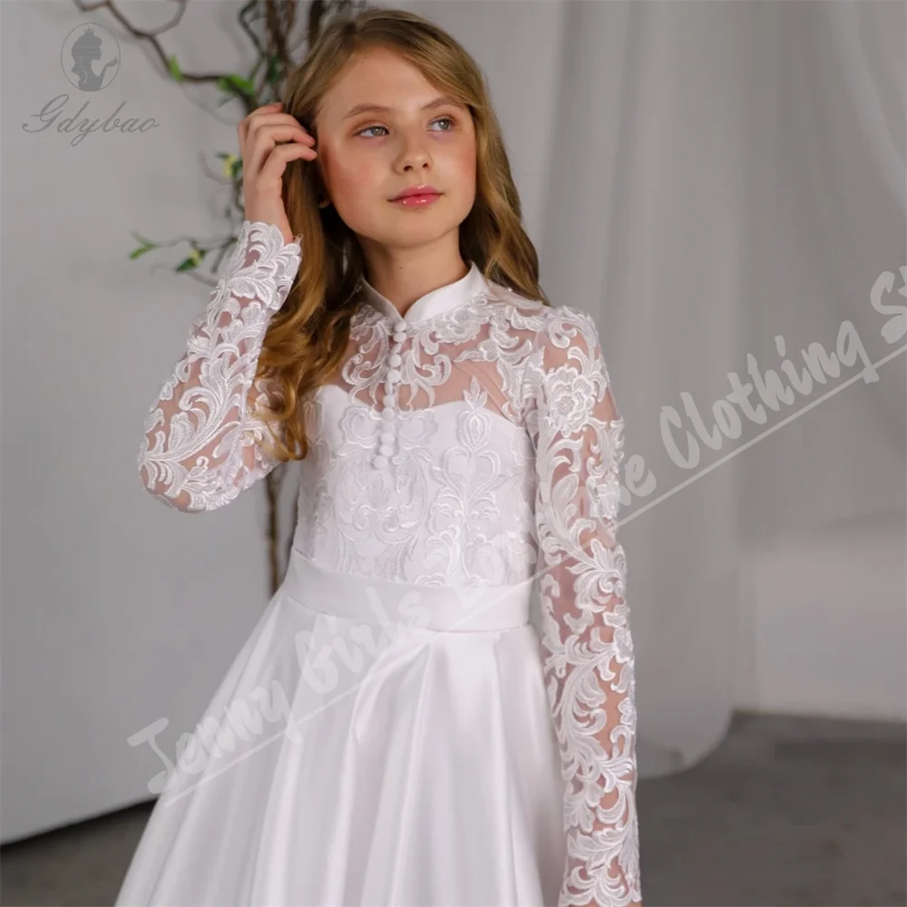 

White Satin High-neck Flower Girl Dress With Lace Embroidery For Wedding Children’s Party Birthday Photography Custom