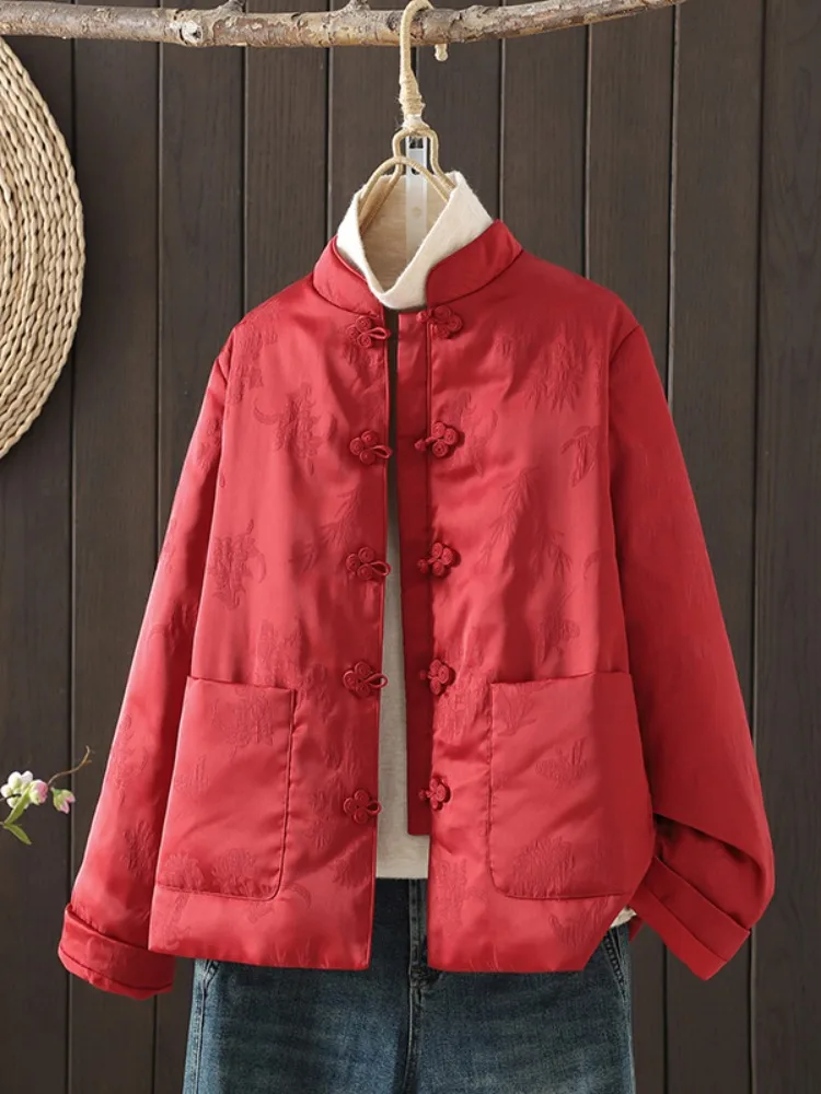 

Красное бархатное хлопковое пальто для женщин: зимнее, винтажное, на пуговицах, с воротником-стойкой, утепленное, приталенное, модная верхняя одежда к Новому году