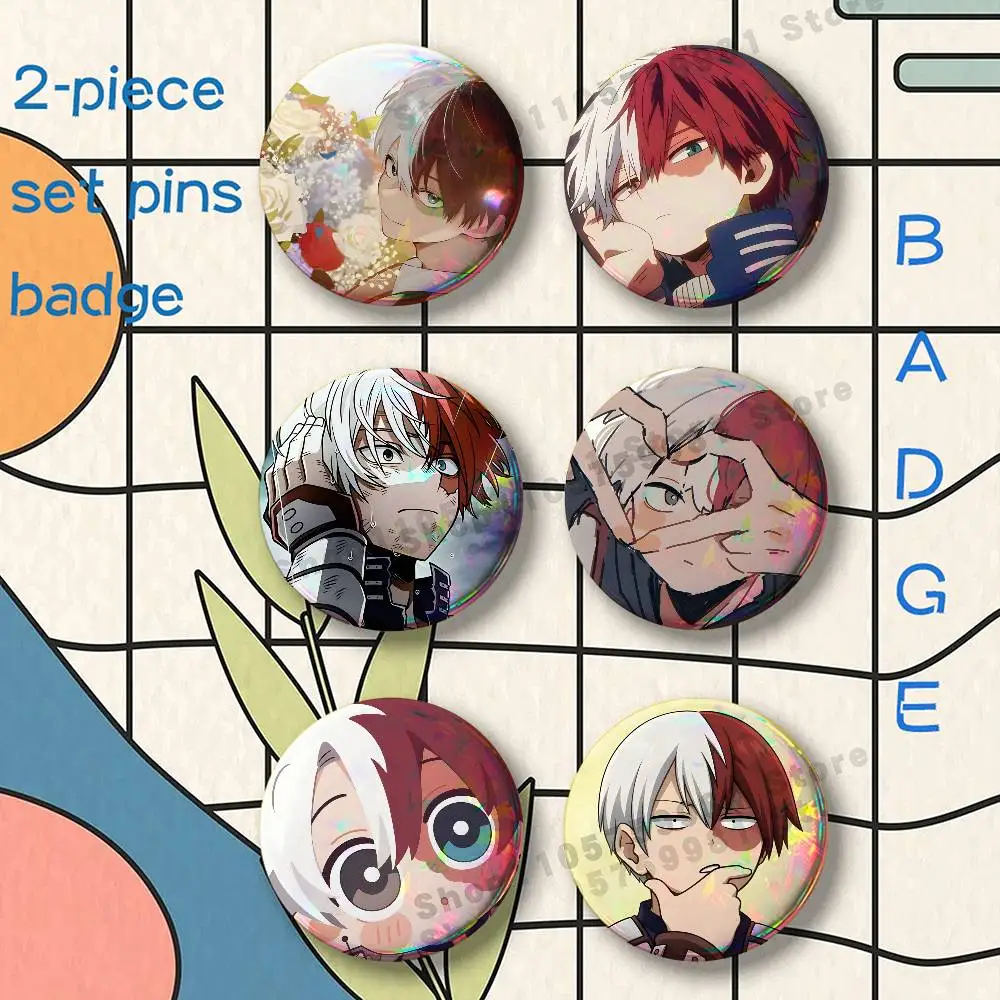 S-Shoto Todoroki Anime My Hero Brooches for Backpack Accessories 25 32 44 58 75mm Round 2-piece set Free Mix