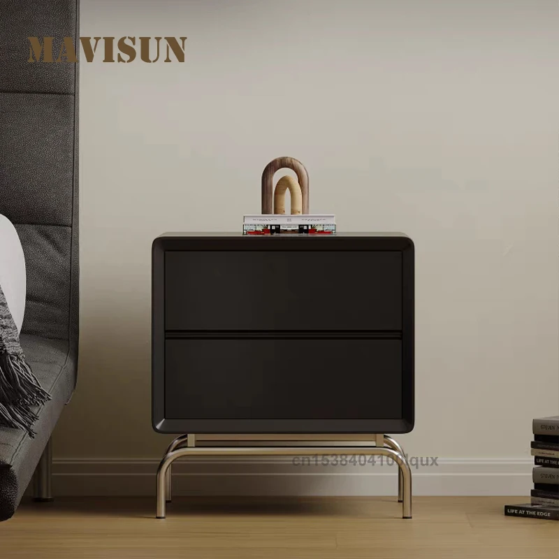 

Italian Style Double-Drawer Nightstand Stainless Steel Frame Solid Wood Creative Storage Simple Geometric Shapes Bedside Table
