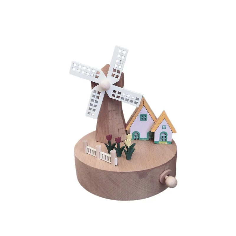 For Pastoral Car Rotating Music Box Wooden Music Box Desktop Ornament Micro Landscape Wooden Handicraft Gift Solid Wood