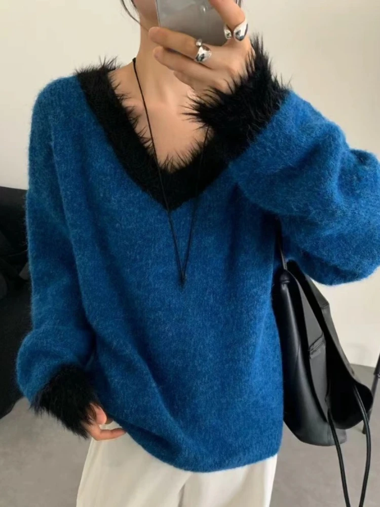 

Fashion Blue V-neck Mid-length Lazy Style Sweater Women Pullover Autumn Winter New Contrast Color Loose Long-sleeved Sweater Top