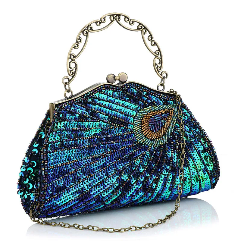 YYW Peacock Evening Clutch Beaded Sequins Party Wedding Purse Handmade Glitter Handbag for Women Fashion Crossbody Shoulder Bag