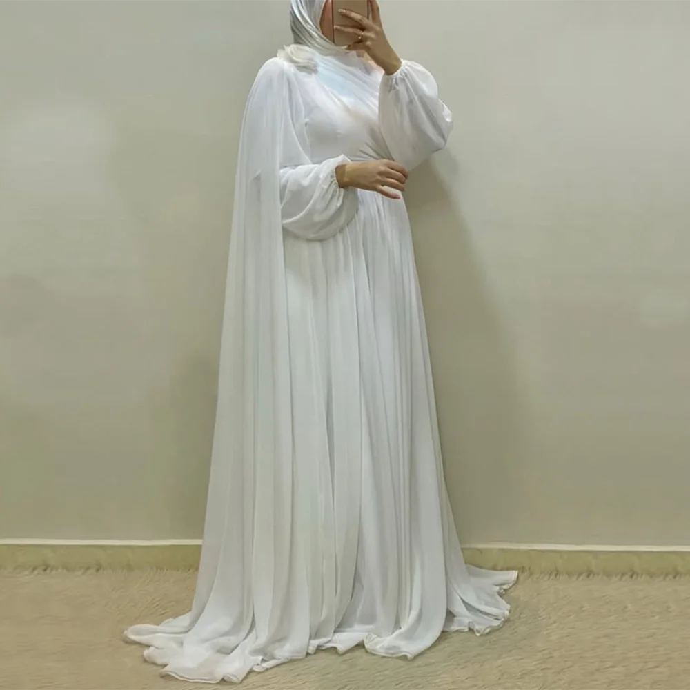 Customized White A-Line Prom Dresses Floor-Length High-Neck Full Sleeve Evening Gown Simple Draped Fashion Flowers Party Gown