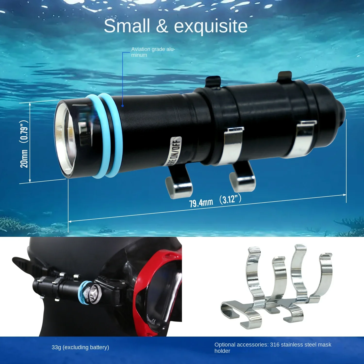 Luz de espejo de buceo de 500 lúmenes, linterna sumergible nocturna, faro impermeable Ms01