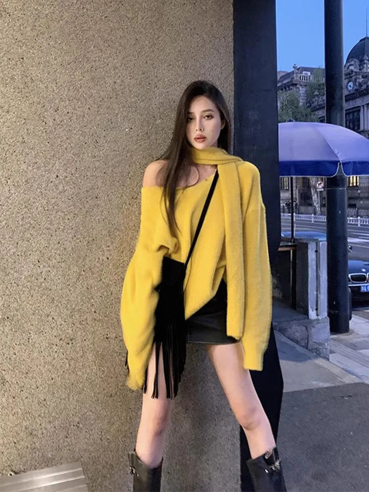 Off Shoulder Sexy Sweater Office Lady Spring Autumn New Knitted Top Yellow Women Sweaters Pullover