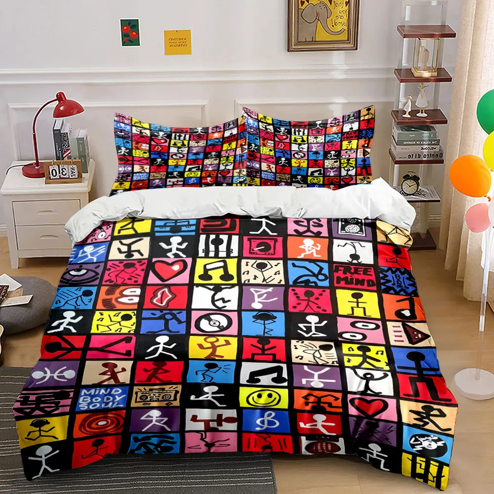 Colorful Abstract Stick Figure Collage Print Bedding Set 1 Duvet Cover 2 Pillowcases for Adult and Children Luxury Gift