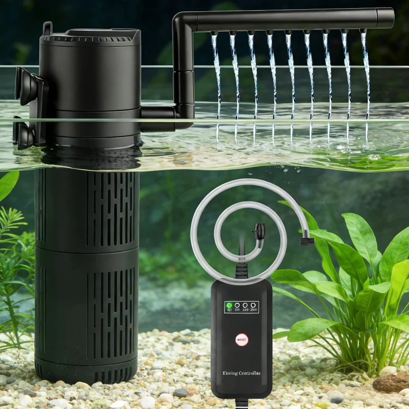 Aquarium Innenfilter mit UV-Sterilisator & Timer 5-in-1 Filterpumpe mit Belüftung & Regendusche 800 L/H 12W Leise für Süß- & Meerwasser geeignet für 60–150L Aquarien