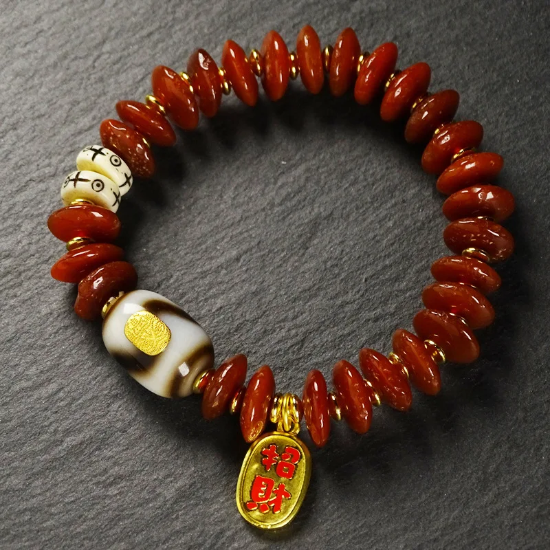 

Flying Saucer Old Red Agate Tiger Tooth Dzi Bead Inlaid Zakiram Lucky Bracelet Ethnic Style Fashion Versatile