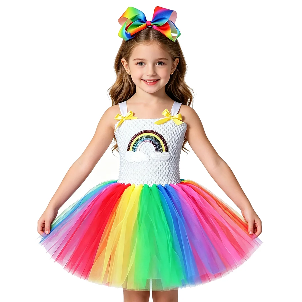 Baby Girls Rainbow Tutu Dress Handmade Colorful Tulle Princess Costumes with Bowknot Clip Kids Birthday Party Photoshoot Outfit