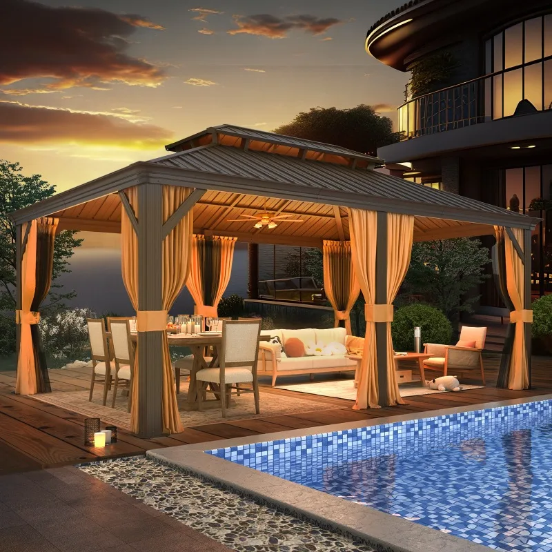 

EROMMY 12x18' Hardtop Gazebo – Galvanized Steel Double Roof with Curtains & Netting, Brown Aluminum Frame for Patio/Garden/Lawn