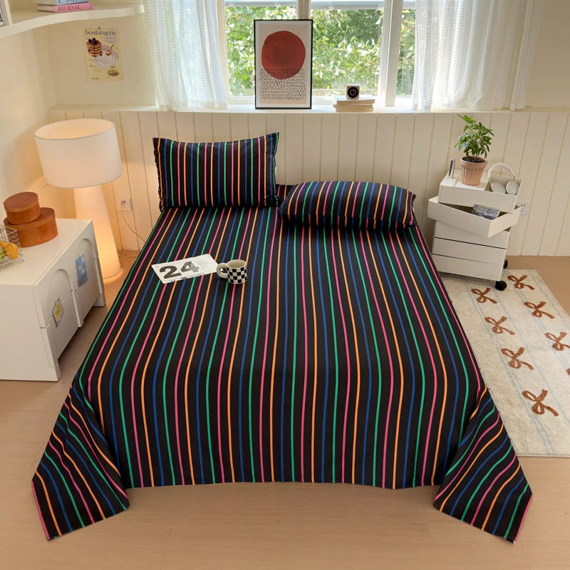 100%Cotton Flat Bed Sheet Colorfull Striped Bed Cover Cotton Brushed Bedsheet Single/Queen/King Size Top Sheets for Adults Kids