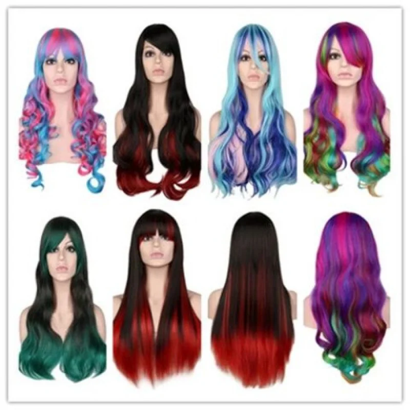 

Женские длинные вьющиеся парики, женский модный костюм, волосы, радужные волнистые парики для вечеринок