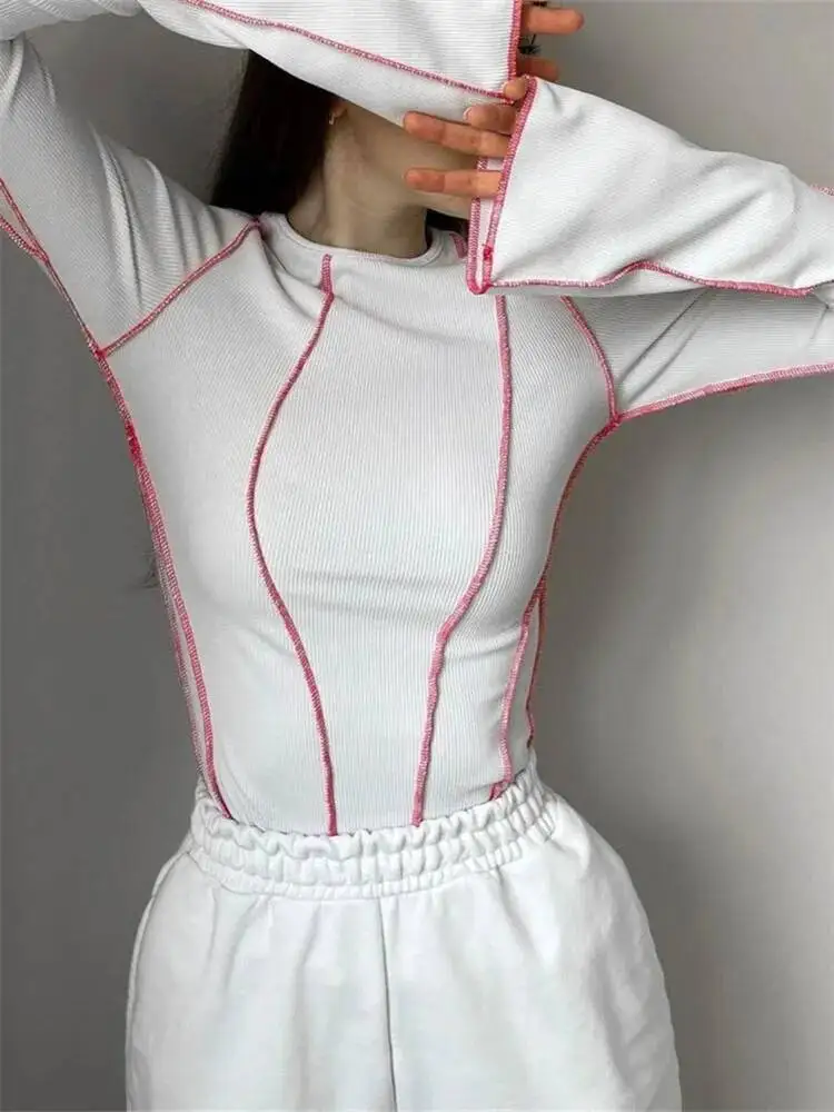 Vrouwen Patchwork T-shirts Chic Casual Lange Flare Mouw Ronde Hals Gebreide Geribbelde Tees Shirts Lente Herfst Straat Top