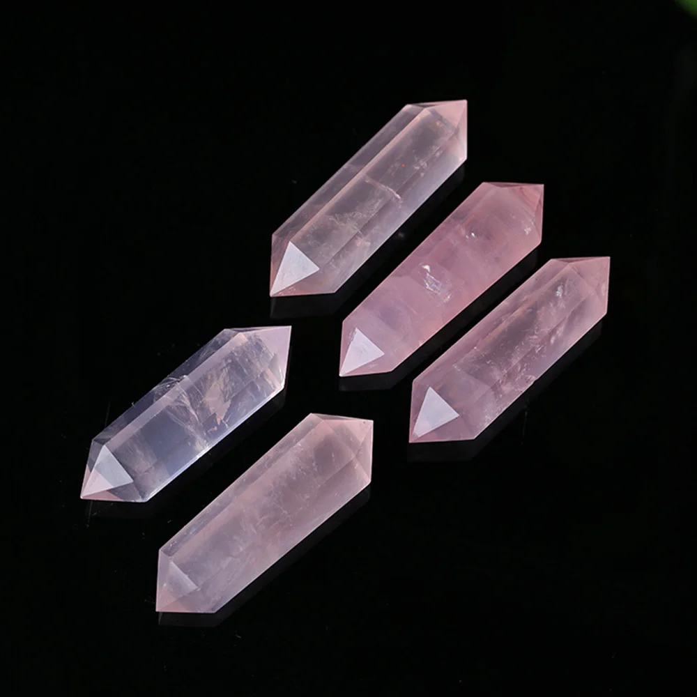 Natural Rose Quartz Double Tip Column Six Prism Column Crystal Point Home Decoration Ornaments Wand Energy Ore Birthday Gifts