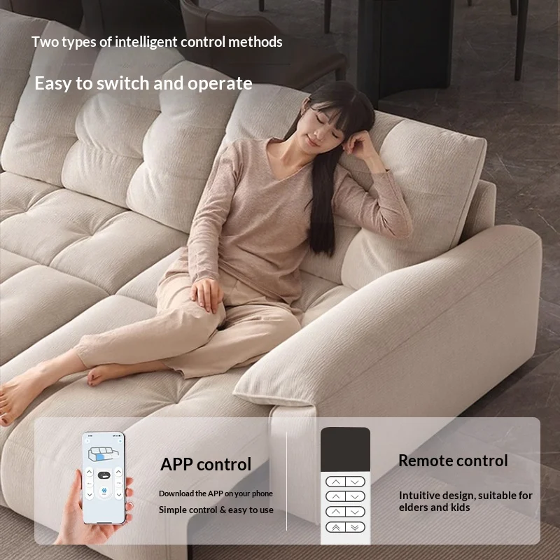 Flannel Electric Sofa Bed Solid Wood Frame High-Density Foam Small Apartments Japanese-Style Cream Color Multifunctional