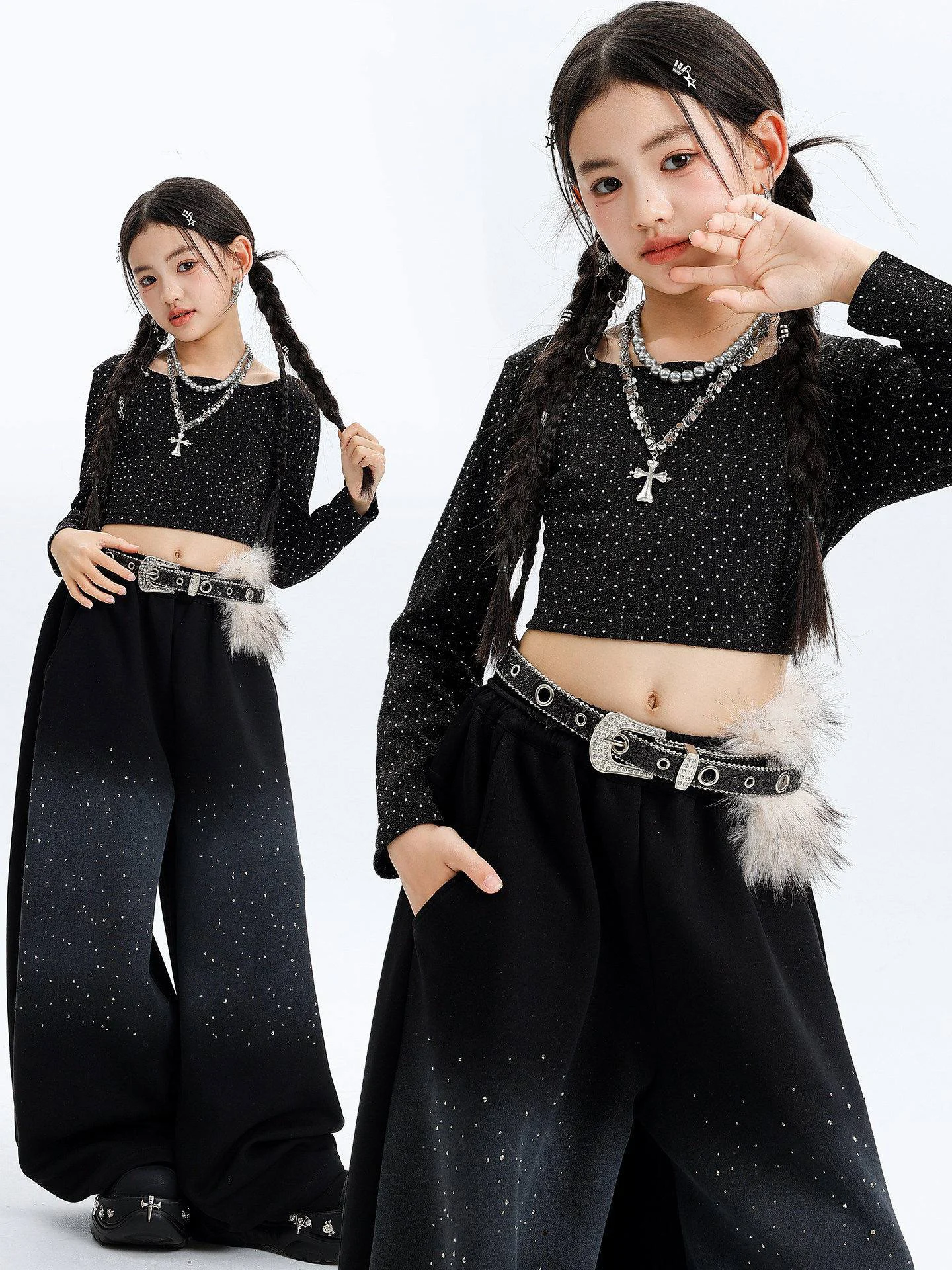 

Одежда для девочек в стиле K-pop, модные топы с длинными рукавами и стразами, свободные брюки, костюм для танцев в стиле хип-хоп, джазовая одежда BL18529
