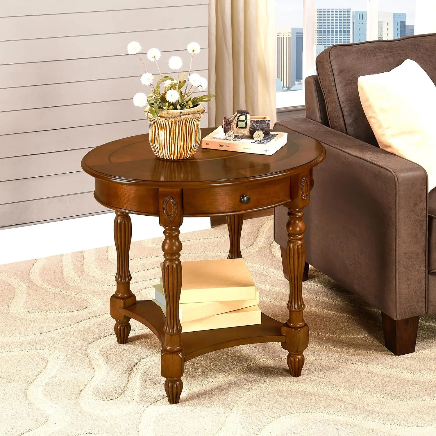 Solid Wood Oval End Table Set Of 2 Caramel Brown 28