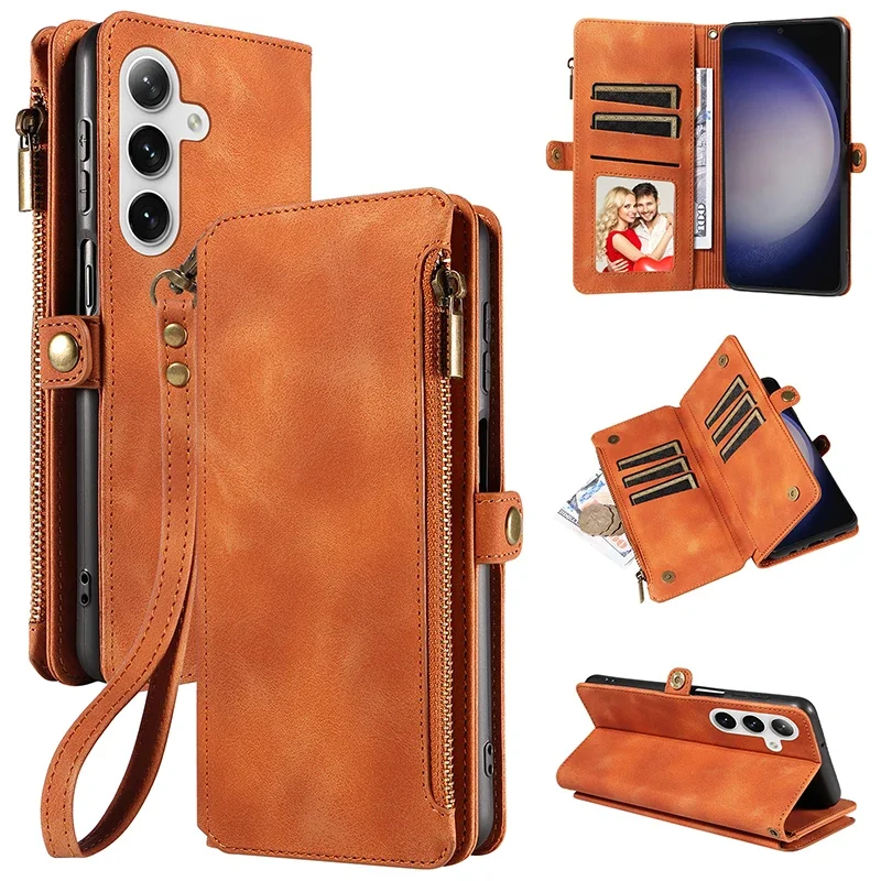Flip Rits Portemonnee Kaarten Solt Leather Case voor Samsung Galaxy S25 Ultra S24 Plus S23 S22 A55 A15 A35 A34 A54 Telefoon tassen Cover