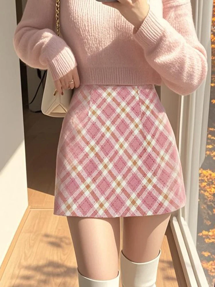 Herfst Winter Roze Geruite Wollen Korte A-lijn Rok Voor Vrouwen Hoge Taille Slanke Retro Zoete Potlood Mini Rokken Dame