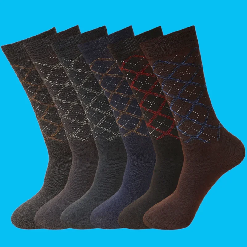 Chaussettes mi-tube à motif de diamant pour hommes, style britannique, affaires de documents solides, grande taille, coton, nouveau, 6/12 paires